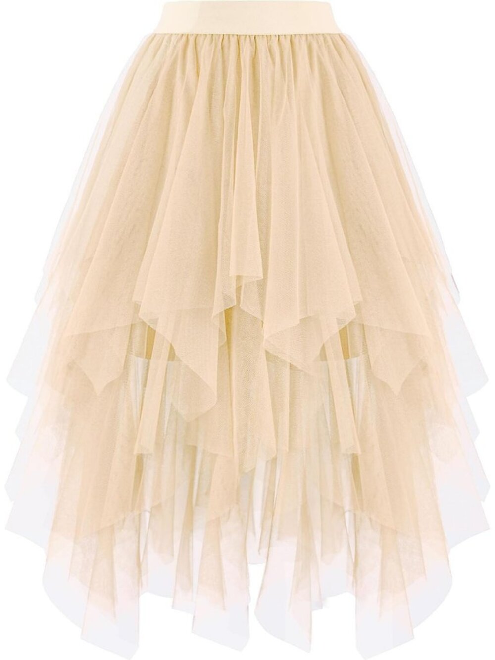 Women's Layered Tulle Midi Skirt High Low Puffy Fairy Tutu Skirt-Beige